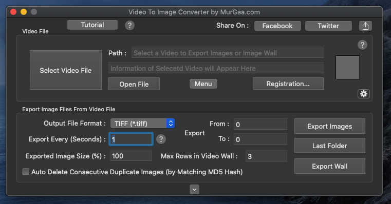 Screenshot captured on Mac OS displaying Main Screen of Video to Image Converter